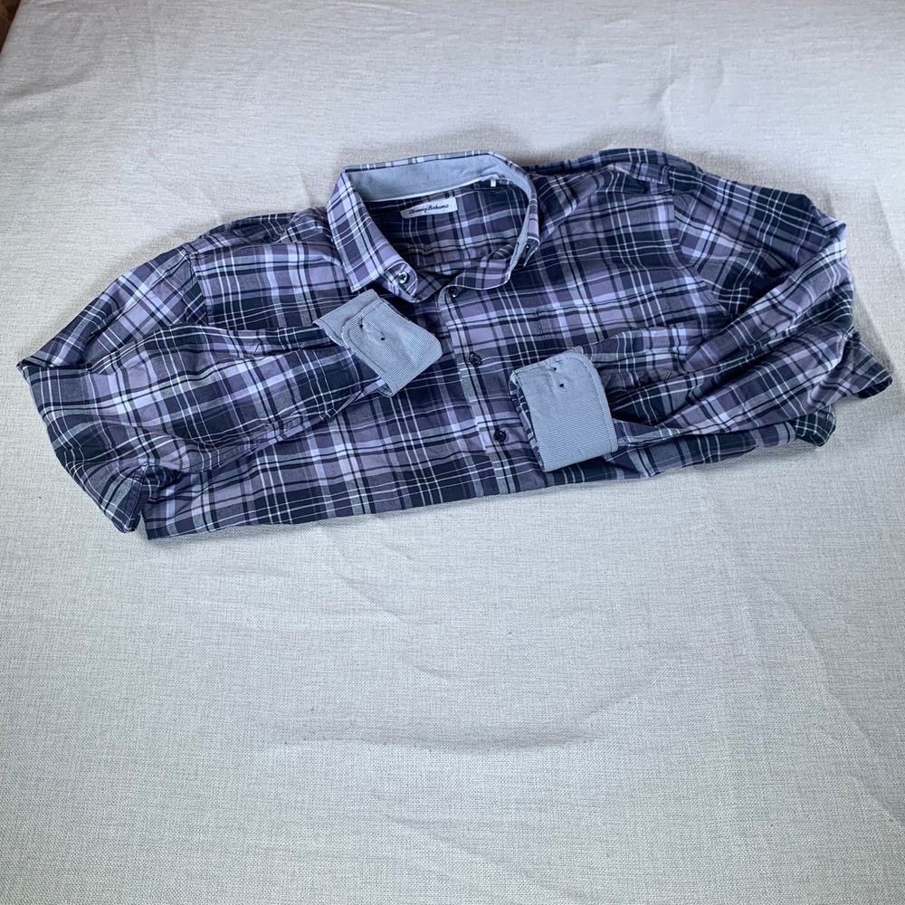 Tommy Bahama Mens XL Purple Plaid Silk Blend Long Sleeve Button Down‎ Shirt